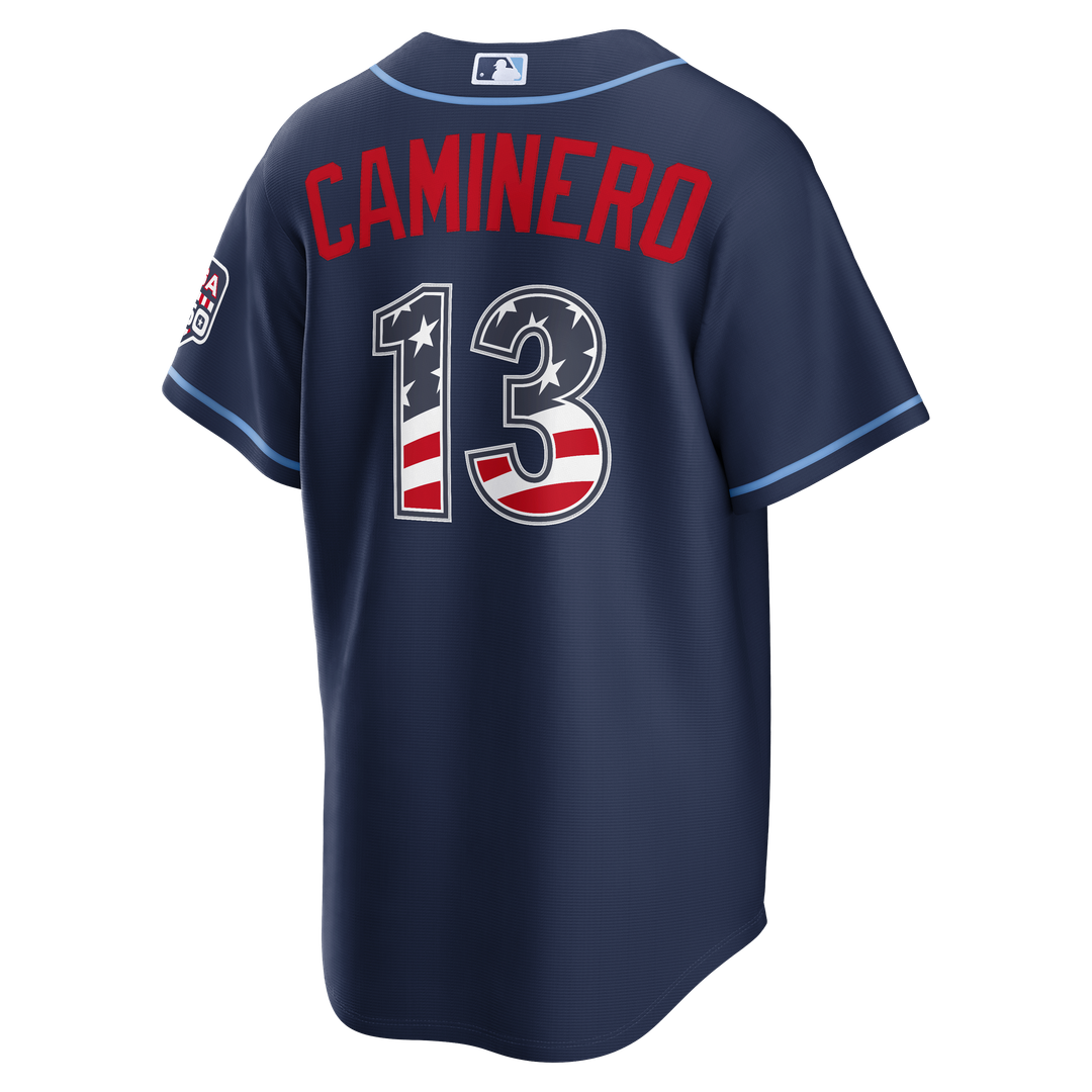 Tampa Bay Rays Junior Caminero Nike USA 250 Fourth of July Road Stadium Jersey - Navy MLB Team Jersey Baseball Fan Apparel