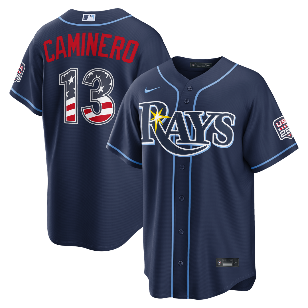 Tampa Bay Rays Junior Caminero Nike USA 250 Fourth of July Road Stadium Jersey - Navy MLB Team Jersey Baseball Fan Apparel
