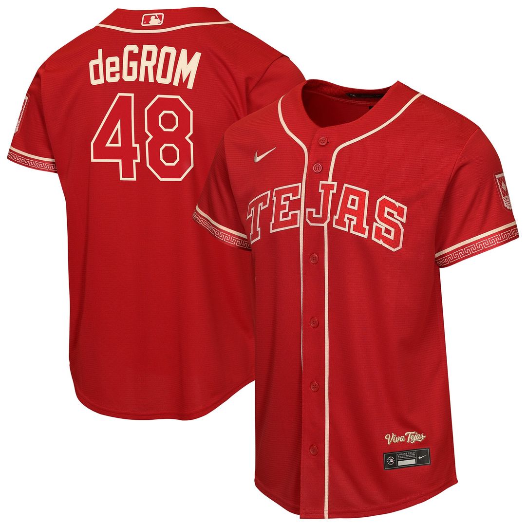 Texas Rangers Jacob deGrom Nike Youth 2026 City Connect Stadium Jersey - Red MLB Team Jersey Baseball Fan Apparel
