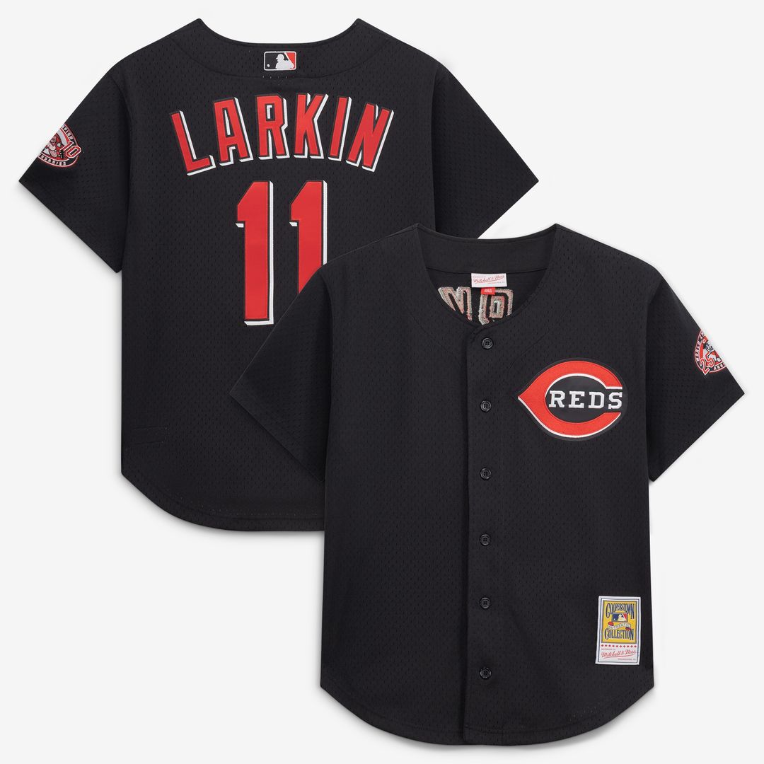 Cincinnati Reds Barry Larkin Mitchell & Ness Cooperstown Mesh Batting Practice Button - Up Jersey - Black MLB Team Jersey Baseball Fan Apparel