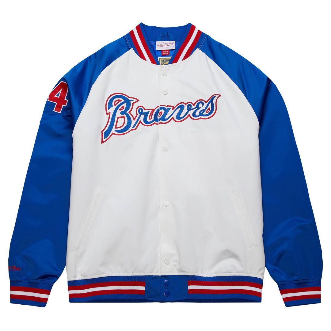 Atlanta Braves Hank Aaron Mitchell & Ness Cooperstown Legends Lightweight Satin Raglan Full - Snap Jacket - White/Royal MLB Baseball Fan Apparel