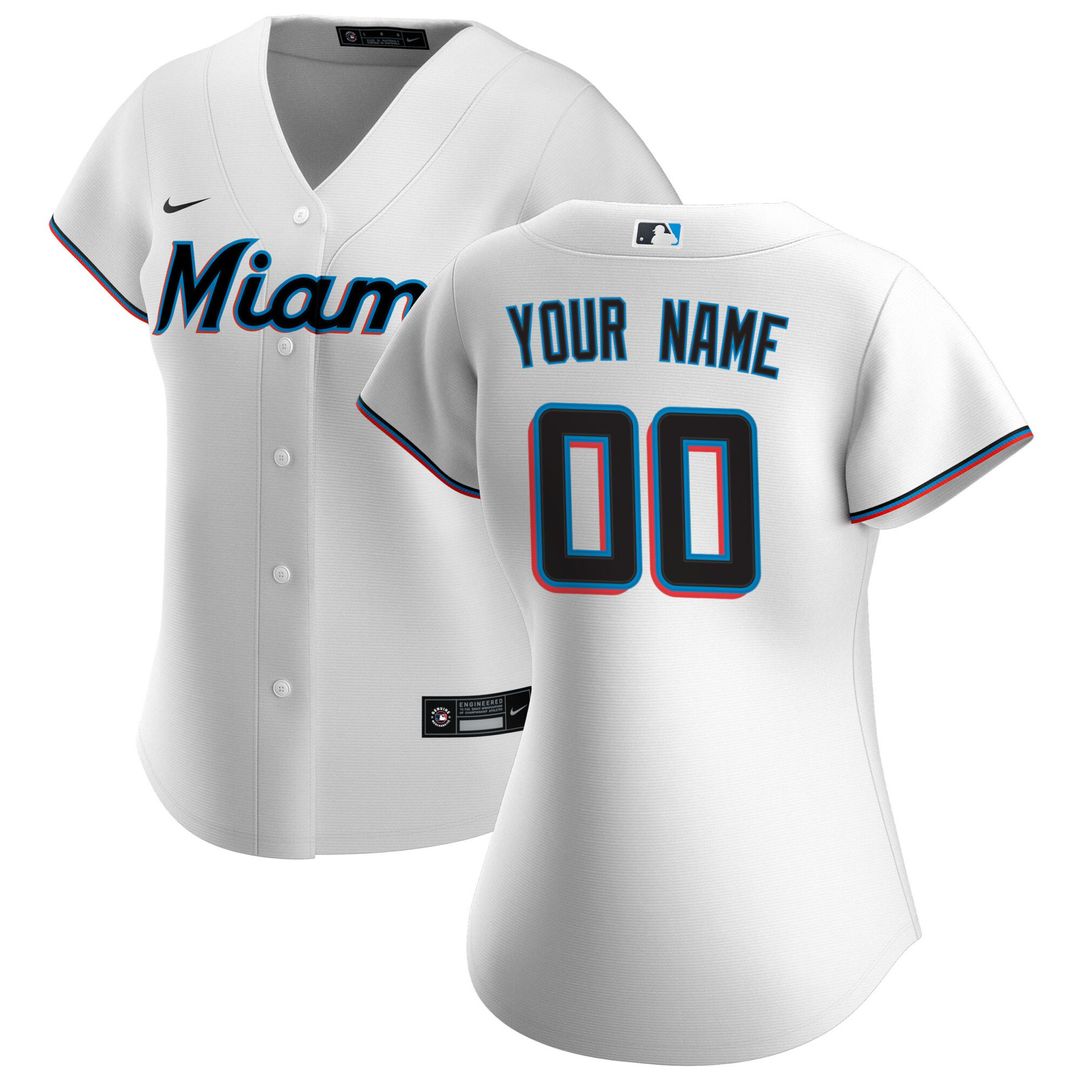 Miami Marlins Nike Women's Home Replica Custom Jersey - White MLB Team Jersey Baseball Fan Apparel