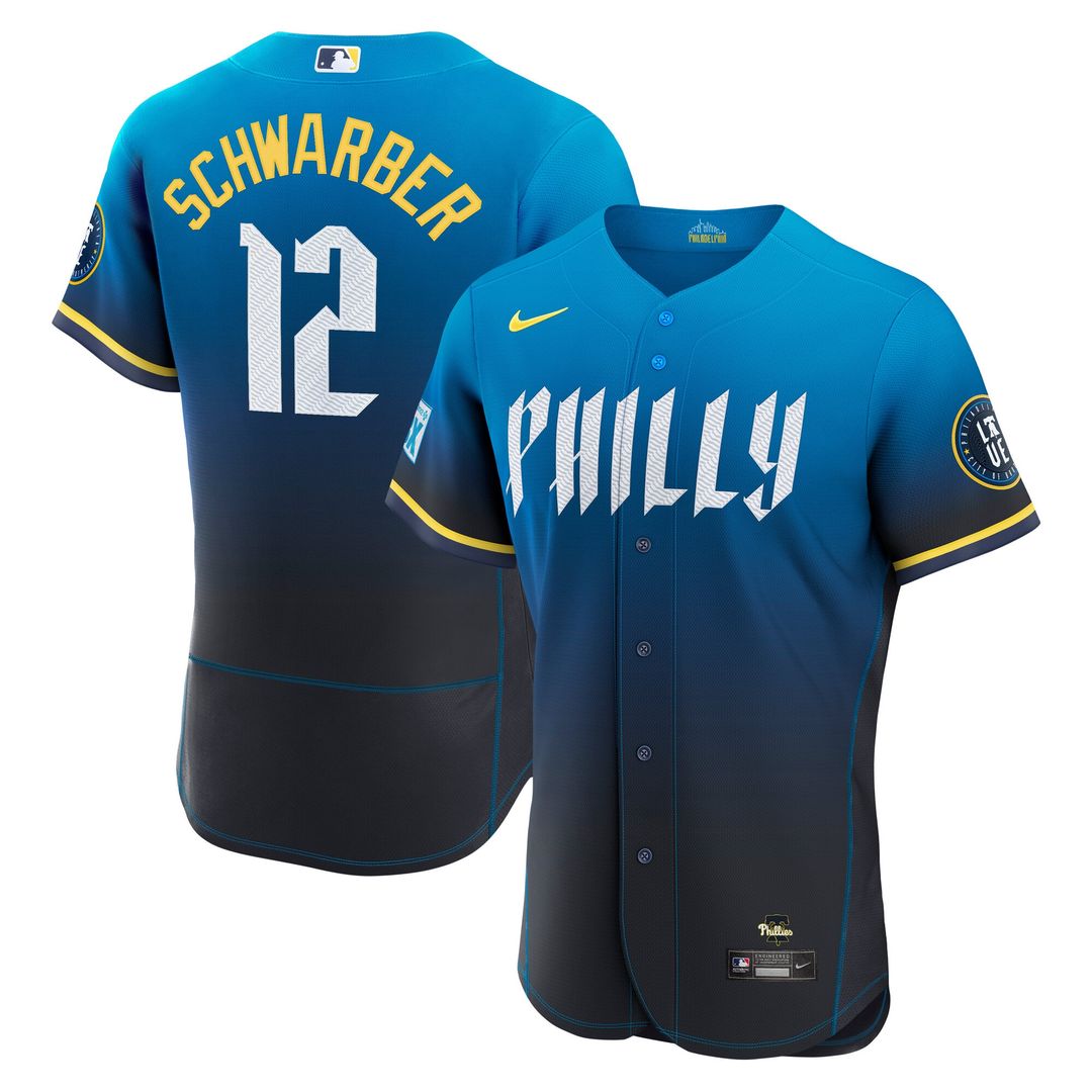 Philadelphia Phillies Kyle Schwarber Nike City Connect Authentic Sponsor Patch Jersey - Navy MLB Team Jersey Baseball Fan Apparel