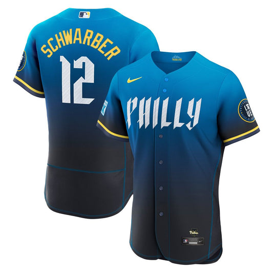 Philadelphia Phillies Kyle Schwarber Nike City Connect Authentic Sponsor Patch Jersey - Navy MLB Team Jersey Baseball Fan Apparel