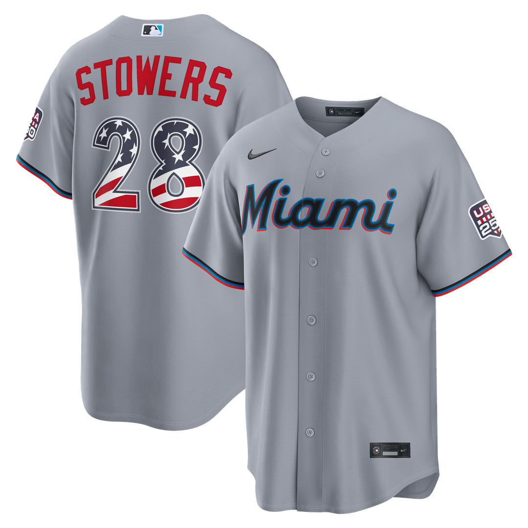 Miami Marlins Kyle Stowers Nike USA 250 Fourth of July Road Stadium Jersey - Gray MLB Team Jersey Baseball Fan Apparel