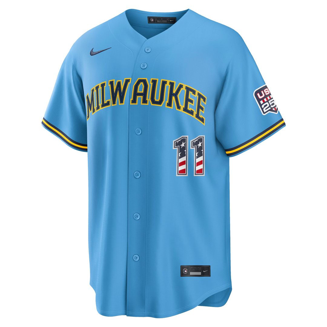 Milwaukee Brewers Jackson Chourio Nike USA 250 Fourth of July Road Stadium Jersey - Light Blue MLB Team Jersey Baseball Fan Apparel