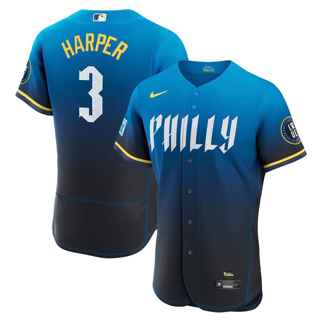 Philadelphia Phillies Bryce Harper Nike City Connect Authentic Sponsor Patch Jersey - Blue MLB Team Jersey Baseball Fan Apparel