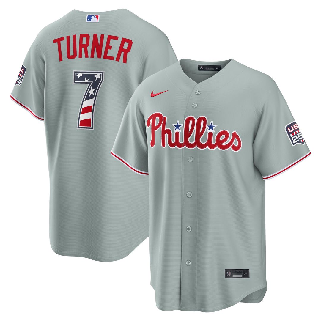 Philadelphia Phillies Trea Turner Nike USA 250 Fourth of July Road Stadium Jersey - Gray MLB Team Jersey Baseball Fan Apparel