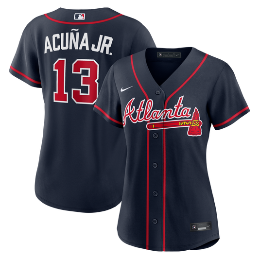 Atlanta Braves Ronald Acuña Jr. Nike Women's Alternate Replica Jersey - Navy MLB Team Jersey Baseball Fan Apparel
