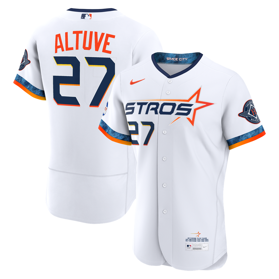 Houston Astros Jose Altuve Nike City Connect Authentic Sponsor Patch Jersey - White MLB Team Jersey Baseball Fan Apparel