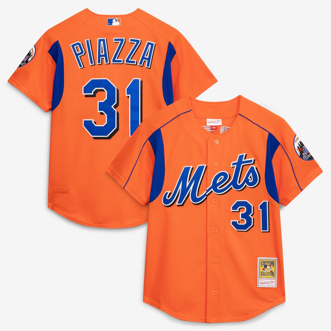 New York Mets Mike Piazza Mitchell & Ness Cooperstown Mesh Batting Practice Button - Up Jersey - Orange MLB Team Jersey Baseball Fan Apparel