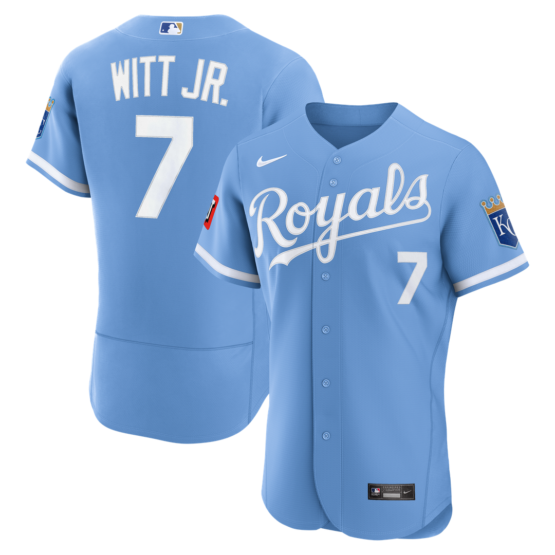 Kansas City Royals Bobby Witt Jr. Nike Alternate Authentic Sponsor Patch Jersey - Light Blue MLB Team Jersey Baseball Fan Apparel