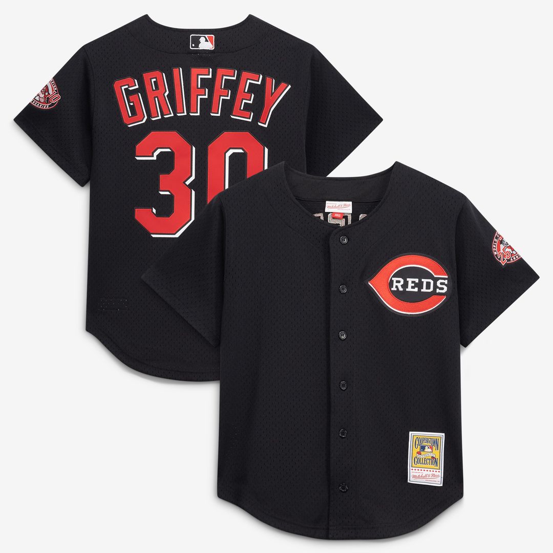 Cincinnati Reds Ken Griffey Jr. Mitchell & Ness Cooperstown Mesh Batting Practice Button - Up Jersey - Black MLB Team Jersey Baseball Fan Apparel