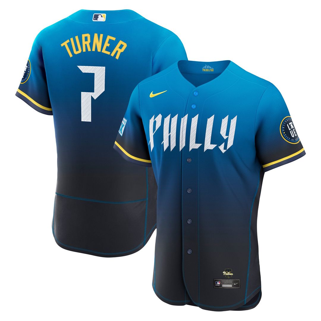 Philadelphia Phillies Trea Turner Nike City Connect Authentic Sponsor Patch Jersey - Navy MLB Team Jersey Baseball Fan Apparel