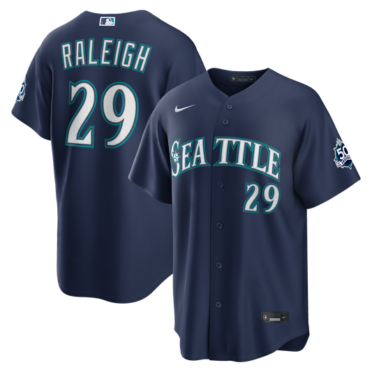 Seattle Mariners Cal Raleigh Nike Road Stadium 50th Season Patch Jersey - Navy MLB Team Jersey Baseball Fan Apparel