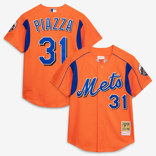 New York Mets Mike Piazza Mitchell & Ness Cooperstown Mesh Batting Practice Button - Up Jersey - Orange MLB Team Jersey Baseball Fan Apparel