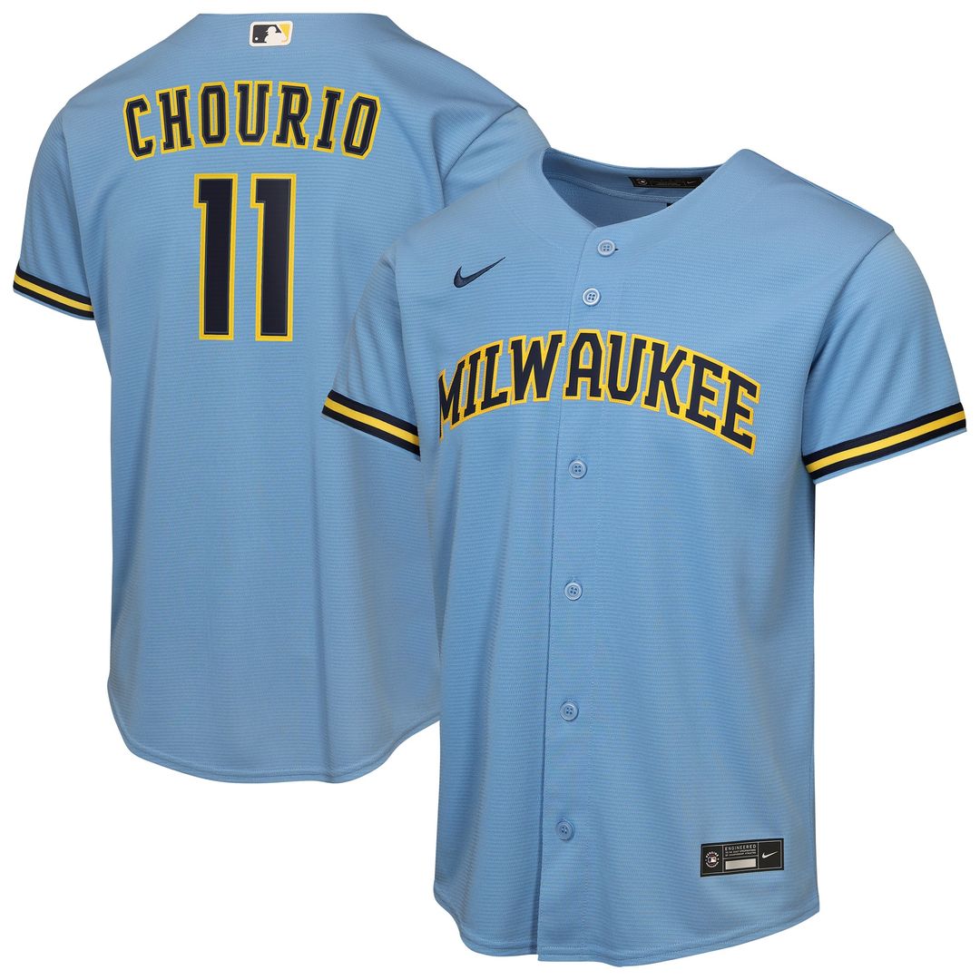 Milwaukee Brewers Jackson Chourio Nike Youth Road Replica Jersey - Light Blue MLB Team Jersey Baseball Fan Apparel