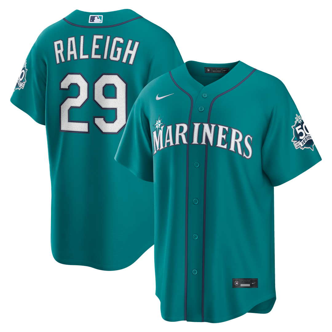Seattle Mariners Cal Raleigh Nike Alternate 50th Season Patch Stadium Jersey - Teal MLB Team Jersey Baseball Fan Apparel