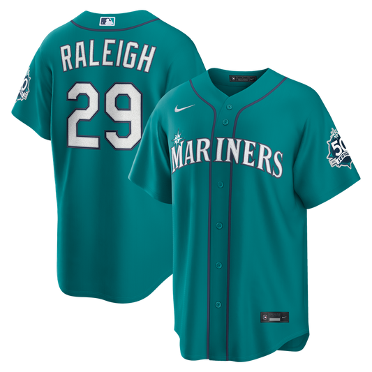 Seattle Mariners Cal Raleigh Nike Alternate 50th Season Patch Stadium Jersey - Teal MLB Team Jersey Baseball Fan Apparel