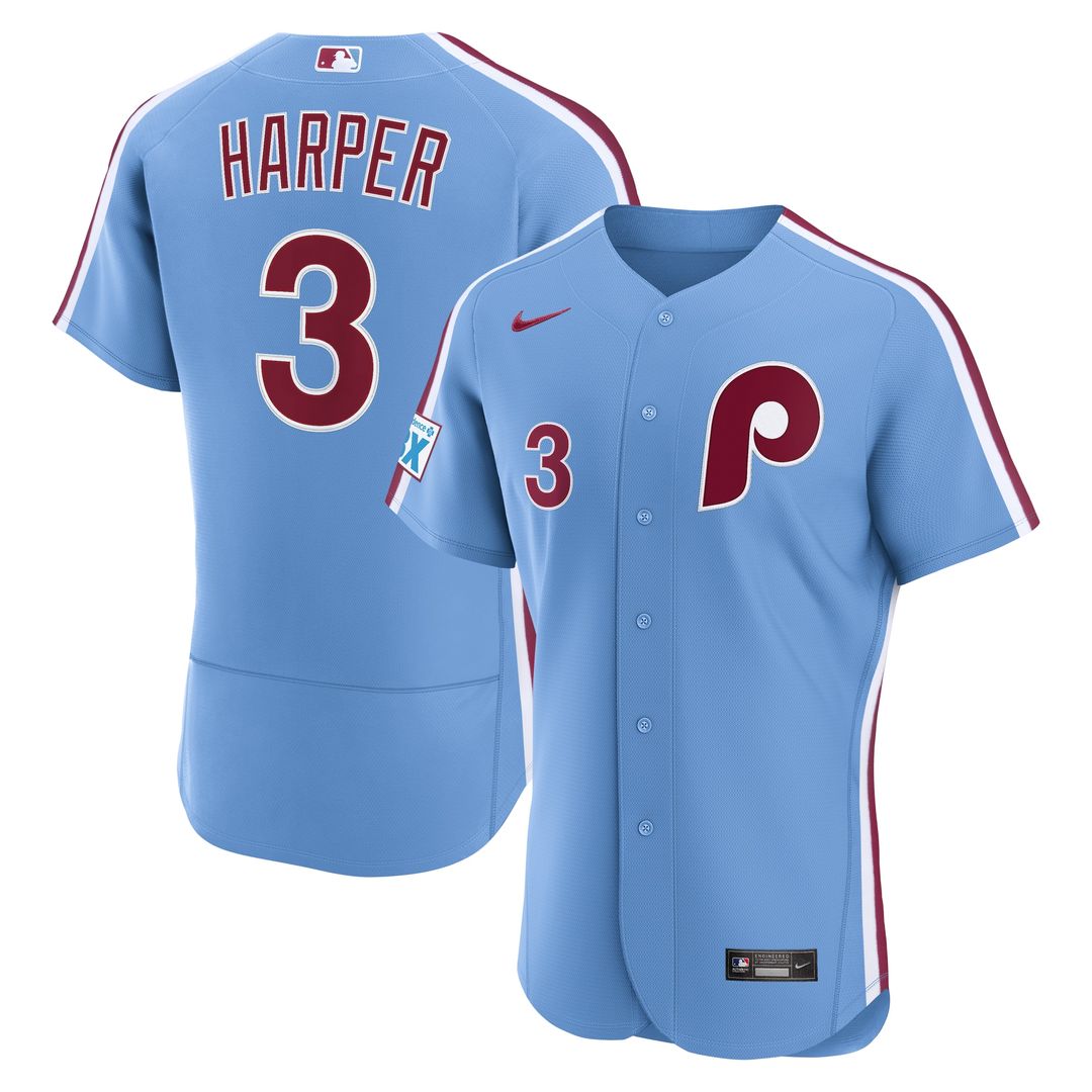 Philadelphia Phillies Bryce Harper Nike Alternate Authentic Sponsor Patch Jersey - Light Blue MLB Team Jersey Baseball Fan Apparel