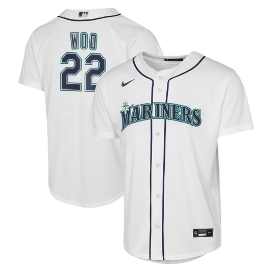 Seattle Mariners Bryan Woo Nike Youth Home Baseline Jersey - White MLB Team Jersey Baseball Fan Apparel