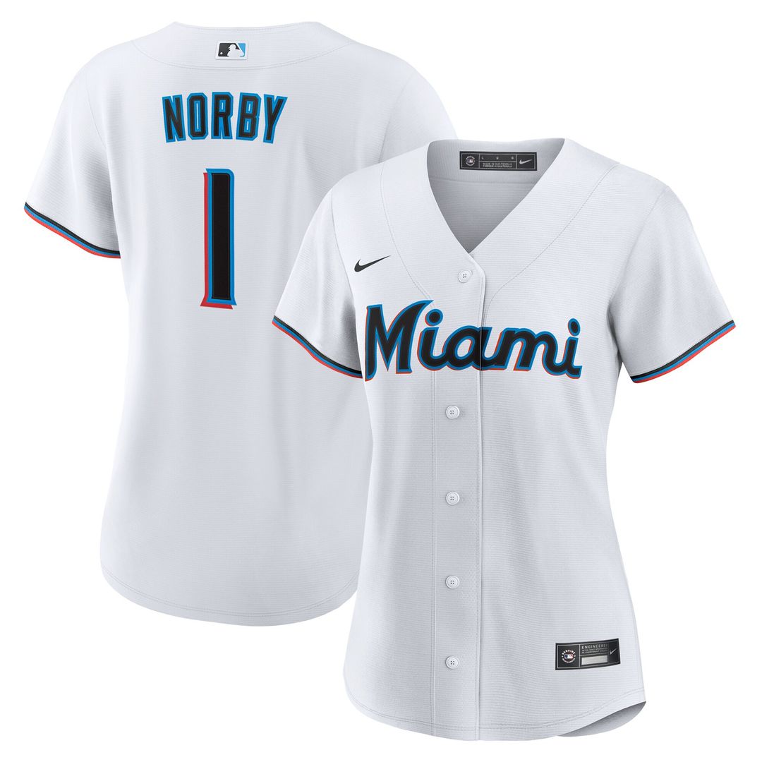 Miami Marlins Connor Norby Nike Women's Home Replica Jersey - White MLB Team Jersey Baseball Fan Apparel