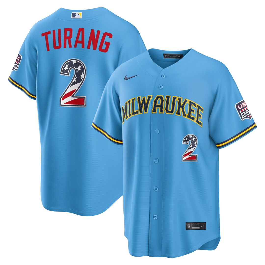 Milwaukee Brewers Brice Turang Nike USA 250 Fourth of July Road Stadium Jersey - Light Blue MLB Team Jersey Baseball Fan Apparel